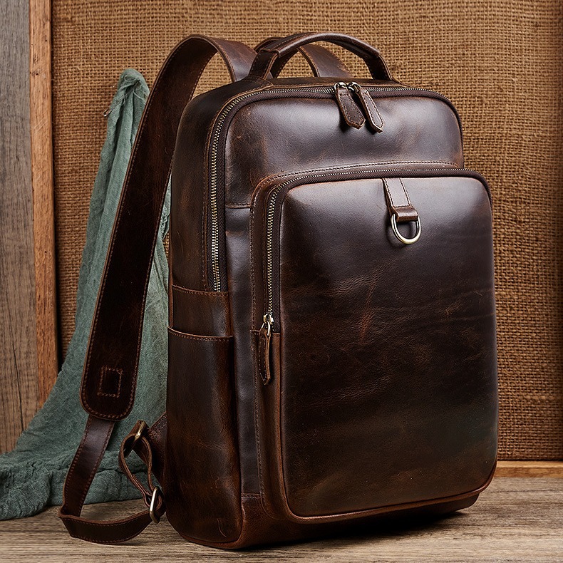 Leather Backpack Vintage - 남성용 탑 그레인 왁스 가죽 노트북